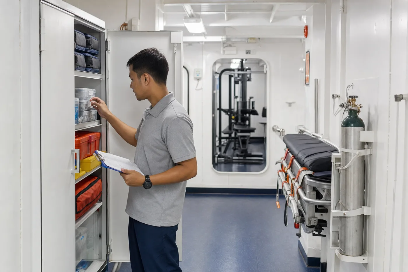 A ship's medical locker open on a bulkhead